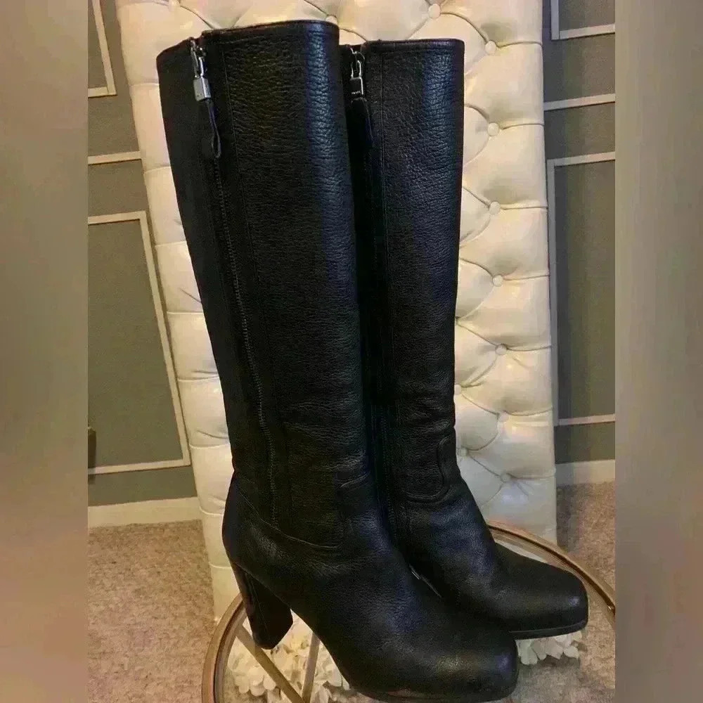 Prada Boot Mid Calf Double (2) Zippers High Heels Size 8 Black Soft Leather.